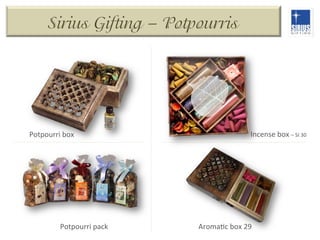 Sirius Gifting – Potpourris

Potpourri	
  box	
  

Potpourri	
  pack	
  

Incense	
  box	
  –	
  SI	
  30	
  

AromaDc	
  box	
  29	
  

 