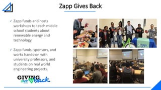 Zapp Gives Back
 Zapp funds and hosts
workshops to teach middle
school students about
renewable energy and
technology.
 Zapp funds, sponsors, and
works hands-on with
university professors, and
students on real world
engineering projects.
 