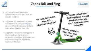 Zapps Talk and Sing
 All Zapp vehicles have built-in
speakers that receive data from the
cloud in real time.
 Zapps talk and greet users by name
when they rent, can play SiriusXM
streamed from the cloud, and thank
users when they end their ride.
 Zapps play radio-style ads triggered at
the time of rental and when in
proximity to buildings, landmarks, and
businesses using our proprietary
location technology.
 