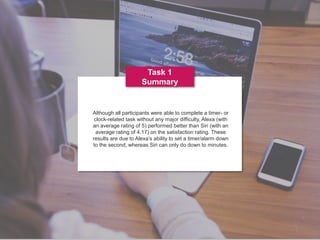 77www.metrostarsystems.com/digital
Task 1
Summary
Although all participants were able to complete a timer- or
clock-related task without any major difficulty, Alexa (with
an average rating of 5) performed better than Siri (with an
average rating of 4.17) on the satisfaction rating. These
results are due to Alexa’s ability to set a timer/alarm down
to the second, whereas Siri can only do down to minutes.
 