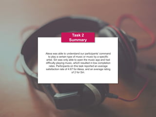 99www.metrostarsystems.com/digital
Task 2
Summary
Alexa was able to understand our participants’ command
to play a certain type of music or music by a specific
artist. Siri was only able to open the music app and had
difficulty playing music, which resulted in low completion
rates. Participants on this task reported an average
satisfaction rate of 4.67 for Alexa, and an average rating
of 2 for Siri.
 