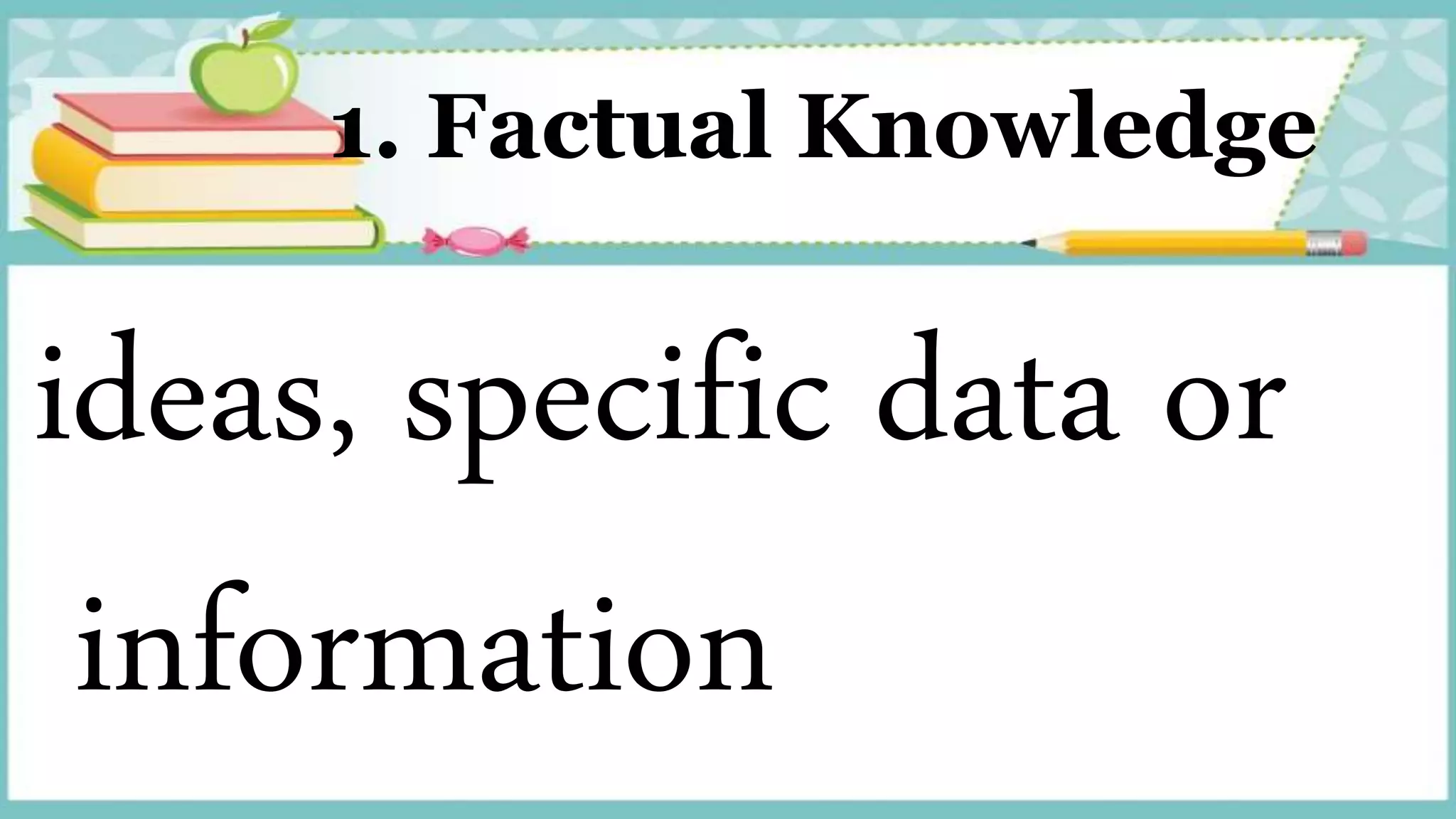 1. Factual Knowledge
ideas, specific data or
information
 