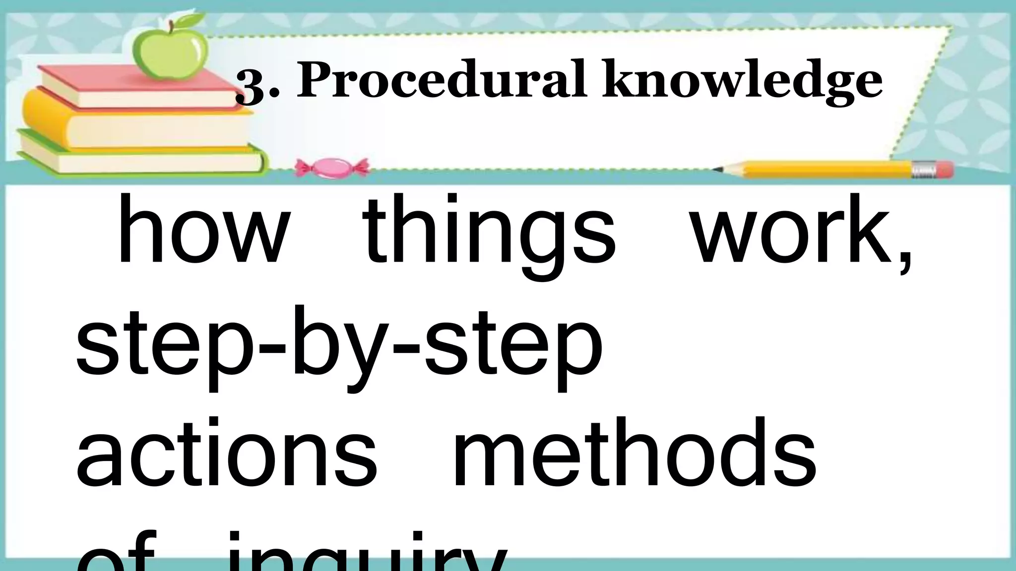3. Procedural knowledge
how things work,
step-by-step
actions methods
 