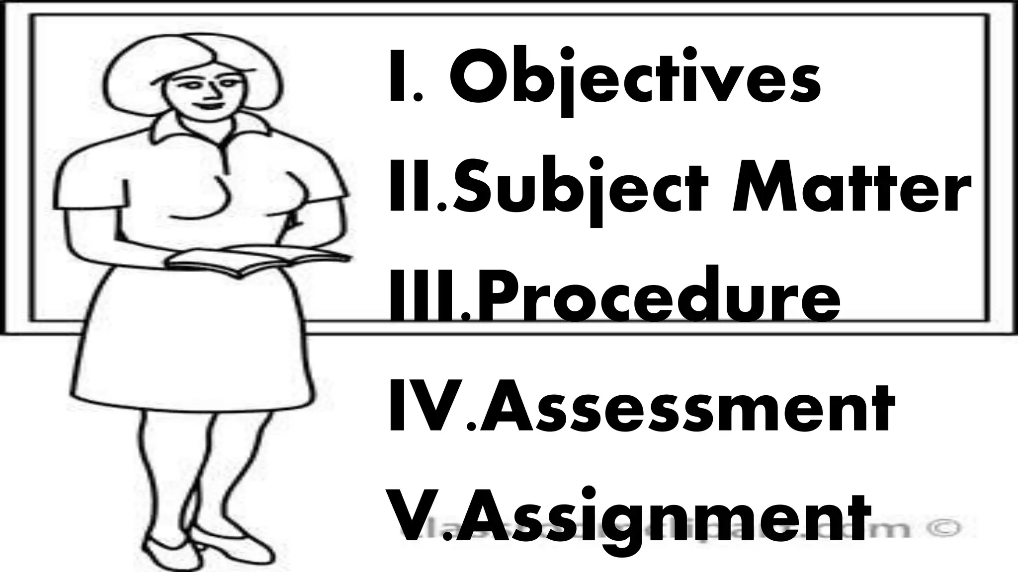 I. Objectives
II.Subject Matter
III.Procedure
IV.Assessment
V.Assignment
 