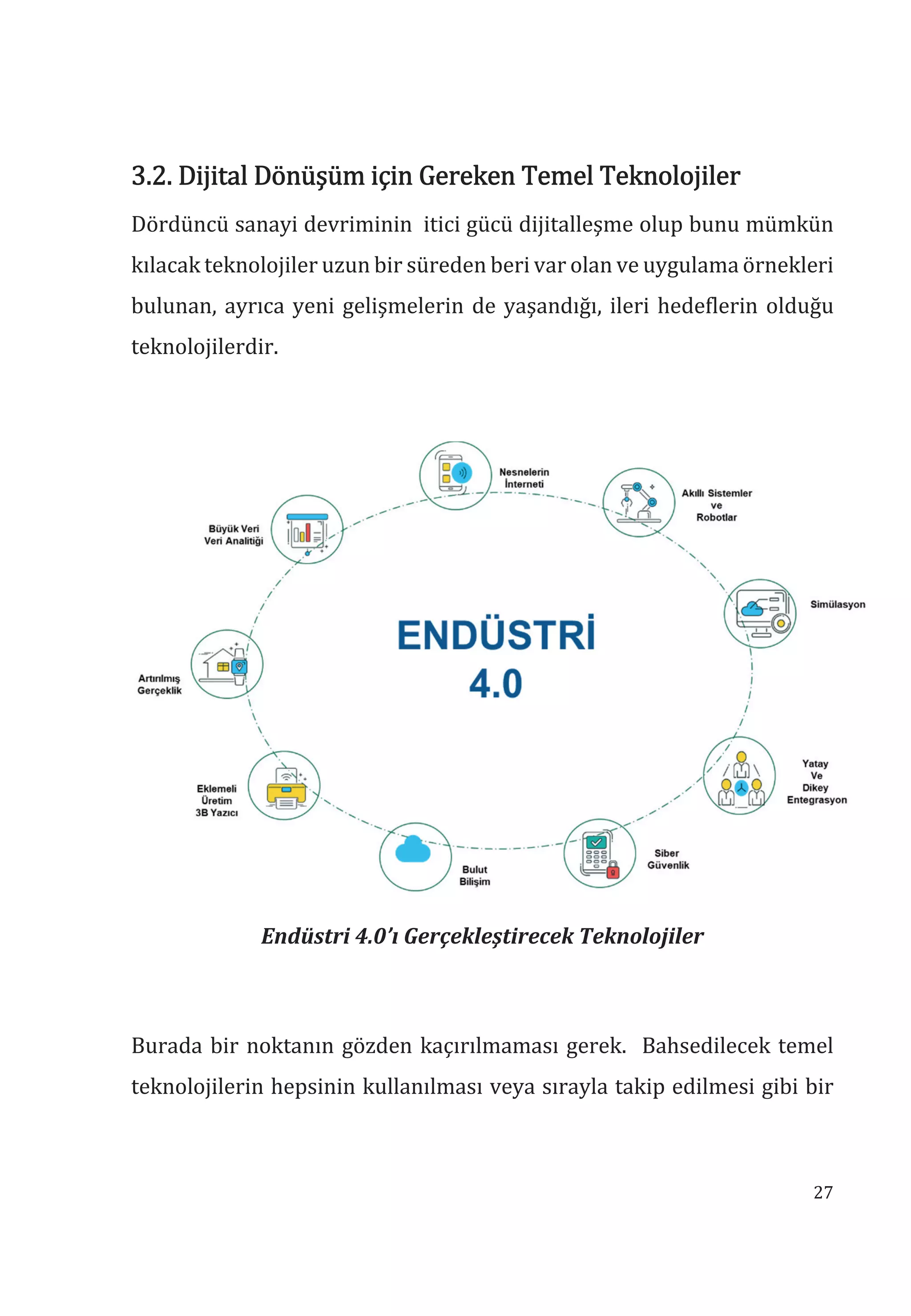 27
3.2. Dijital Dönüşüm için Gereken Temel Teknolojiler
Dördüncü sanayi devriminin itici gücü dijitalleşme olup bunu mümkün
kılacak teknolojiler uzun bir süreden beri var olan ve uygulama örnekleri
bulunan, ayrıca yeni gelişmelerin de yaşandığı, ileri hedeflerin olduğu
teknolojilerdir.
Endüstri 4.0’ Gerçekleştirecek Teknolojiler
Burada bir noktanın gözden kaçırılmaması gerek. Bahsedilecek temel
teknolojilerin hepsinin kullanılması veya sırayla takip edilmesi gibi bir
 