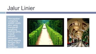 Jalur Linier
Pencapaian
Langsung
adalah suatu
jalur yang
mengarah
langsung
menuju pintu
masuk
sebuah
bangunan
yang segaris
dengan alur
sumbu
bangunan.
 