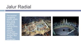 Jalur Radial
Pencapaian
Langsung
adalah suatu
jalur yang
mengarah
langsung
menuju pintu
masuk
sebuah
bangunan
yang segaris
dengan alur
sumbu
bangunan.
 