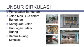 UNSUR SIRKULASI
 Pencapaian Bangunan
 Jalan Masuk ke dalam
Bangunan
 Konfigurasi Jalan
 Hubungan Jalan-
Ruang
 Bentuk Ruang
Sirkulasi
 