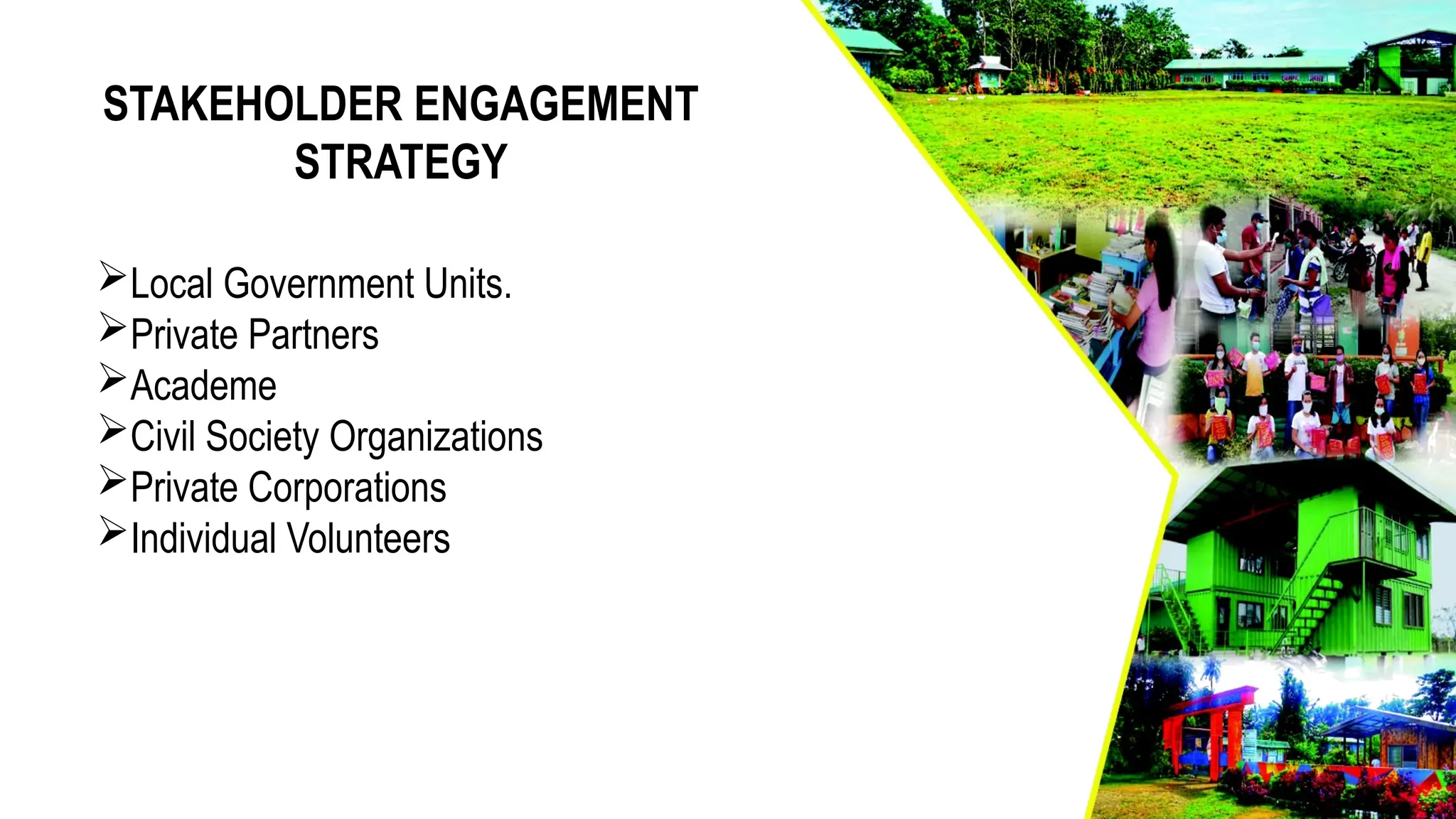 STAKEHOLDER ENGAGEMENT
STRATEGY
Local Government Units.
Private Partners
Academe
Civil Society Organizations
Private Corporations
Individual Volunteers
 