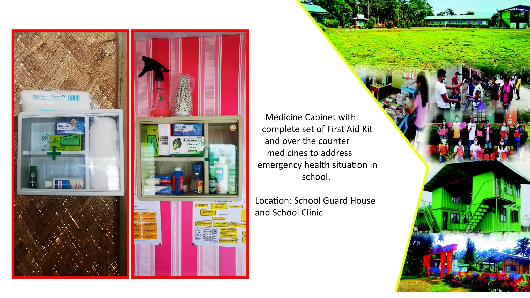 Medicine Cabinet with
complete set of First Aid Kit
and over the counter
medicines to address
emergency health situation in
school.
Location: School Guard House
and School Clinic
 