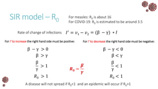 SIR model – R0
= (β − γ) ∗ 𝐼𝐼′ = 𝑣1 − 𝑣2
For I’ to increase the right hand side must be positive:
β − γ > 0
β > γ
β
γ
> 1
𝑅0 > 1
For I’ to decrease the right hand side must be negative:
β − γ < 0
β < γ
β
γ
< 1
𝑅0 < 1
A disease will not spread if R0<1 and an epidemic will occur if R0>1
Rate of change of infections
𝑹 𝟎 =
𝜷
𝜸
For measles: R0 is about 16
For COVID-19: R0 is estimated to be around 3.5
 