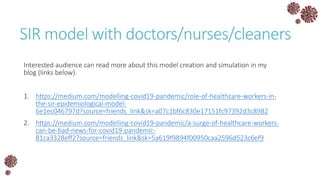 SIR model with doctors/nurses/cleaners
Interested audience can read more about this model creation and simulation in my
blog (links below).
1. https://medium.com/modelling-covid19-pandemic/role-of-healthcare-workers-in-
the-sir-epidemiological-model-
6e1ec046797d?source=friends_link&sk=a07c1bf6c830e17151fc97392d3c8982
2. https://medium.com/modelling-covid19-pandemic/a-surge-of-healthcare-workers-
can-be-bad-news-for-covid19-pandemic-
81ca3328eff2?source=friends_link&sk=5a619f9894f00950caa2596d523c6ef9
 