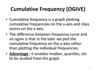 Cumulative Frequency (OGIVE)
• Cumulative frequency is a graph plotting
cumulative frequencies on the y-axis and class
scores on the x-axis.
• The difference between frequency curve and
an ogive is that in the later we plot the
cumulative frequency on the y-axis rather
than plotting the individual frequencies.
• Advantage : it enables median, quartiles, etc
to be studied from the graph.
29
 