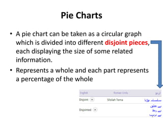 Pie Charts
• A pie chart can be taken as a circular graph
which is divided into different disjoint pieces,
each displaying the size of some related
information.
• Represents a whole and each part represents
a percentage of the whole
8
 