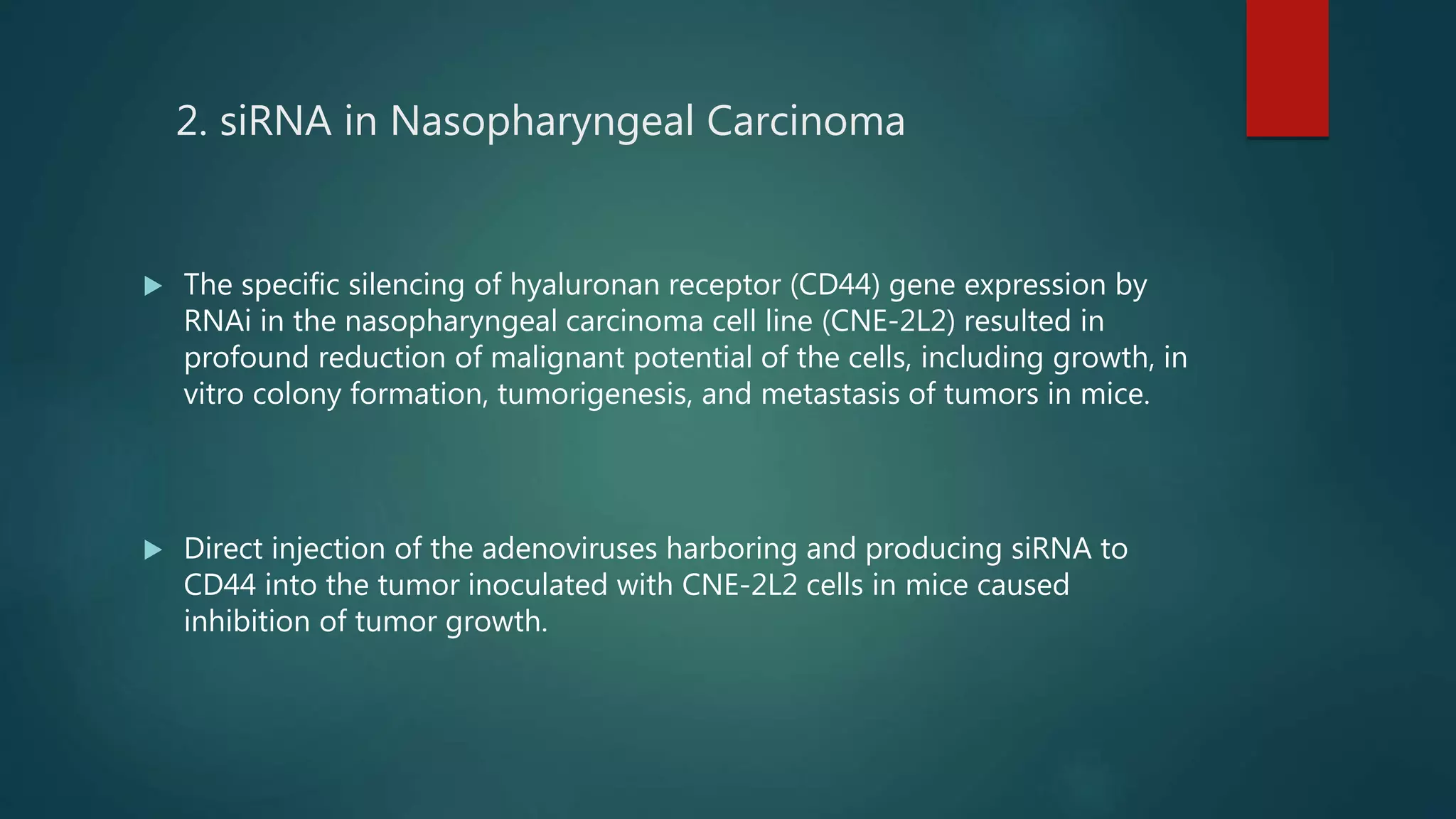 2. siRNA in Nasopharyngeal Carcinoma
 The specific silencing of hyaluronan receptor (CD44) gene expression by
RNAi in the nasopharyngeal carcinoma cell line (CNE-2L2) resulted in
profound reduction of malignant potential of the cells, including growth, in
vitro colony formation, tumorigenesis, and metastasis of tumors in mice.
 Direct injection of the adenoviruses harboring and producing siRNA to
CD44 into the tumor inoculated with CNE-2L2 cells in mice caused
inhibition of tumor growth.
 