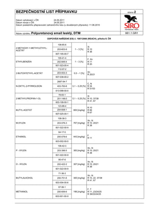 BEZPEČNOSTNÍ LIST PŘÍPRAVKU                                                                   strana 2


Datum vyhotovení v ČR:               24.05.2011
Datum revize v ČR:                   24.05.2011
Datum posledního přepracování zahraničního listu (u dovážených přípravků): 11.06.2010


Název výrobku: Polyuretanový          email lesklý, DTM                                      661.1.GR1

                               ODPOVÍDÁ NAŘÍZENÍ (ES) č. 1907/2006 (REACH), příloha II. ČR

                                          108-65-6
                                                                        Xi
2-METHOXY-1-METHYLETHYL-
                                         203-603-9         1 – 3 [%]    R 10
ACETÁT
                                                                        R 36
                                        607-195-00-7
                                          100-41-4
                                                                        F, Xn
ETHYLBENZEN                              202-849-4         1 – 3 [%]    R 11
                                                                        R 20
                                        601-023-00-4
                                          112-07-2
                                         203-933-3                      Xn
2-BUTOXYETHYL-ACETÁT                                      0,5 – 1 [%]
                                                                        R 20/21
                                        607-038-00-2

                                         2687-94-7
                                                                        C, N
N-OKTYL-2-PYRROLIDON                     403-700-8       0,1 – 0,25 [%] R 34
                                                                        R 51/53
                                        613-098-00-0
                                           78-83-1
                                                                        Xi
2-METHYLPROPAN-1-OL                      201-148-0       0,1 – 0,25 [%] R 10, 37/38
                                                                        R 41, 67
                                        603-108-00-1
                                          123-86-4
                                                                        R 10
BUTYL-ACETÁT                             204-658-1        800 [mg/kg]   R 66
                                                                        R 67
                                        607-025-00-1

                                          108-38-3
                                                                        Xn, Xi
M-XYLEN                                  203-576-3        767 [mg/kg]   R 10, 20/21
                                                                        R 38
                                        601-022-00-9

                                           64-17-5
                                                                        F
ETHANOL                                  200-578-6        443 [mg/kg]
                                                                        R 11
                                        603-002-00-5

                                          106-42-3
                                                                        Xn, Xi
P - XYLEN                                203-396-5        383 [mg/kg]   R 10, 20/21
                                                                        R 38
                                        601-022-00-9

                                           95-47-6
                                                                        Xn, Xi
O - XYLEN                                202-422-2        307 [mg/kg]   R 10, 20/21
                                                                        R 38
                                        601-022-00-9

                                           71-36-3
                                                                        Xn, Xi
BUTYLALKOHOL                             200-751-6        300 [mg/kg]   R 10, 22, 37/38
                                                                        R 41, 67
                                        603-004-00-6

                                           67-56-1
                                                                        F, T
METHANOL                                 200-659-6        196 [mg/kg]   R 11, 23/24/25
                                                                        R 39/23/24/25
                                        603-001-00-X
 