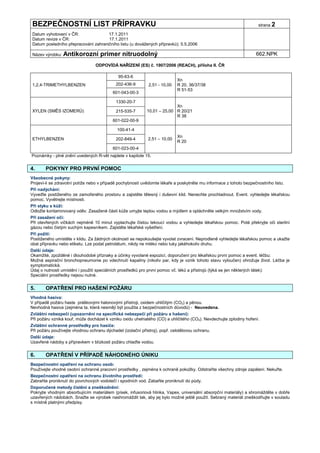 BEZPEČNOSTNÍ LIST PŘÍPRAVKU                                                                                         strana 2

Datum vyhotovení v ČR:               17.1.2011
Datum revize v ČR:                   17.1.2011
Datum posledního přepracování zahraničního listu (u dovážených přípravků): 5.5.2006

Název výrobku: Antikorozní          primer nitruodolný                                                             662.NPK

                                  ODPOVÍDÁ NAŘÍZENÍ (ES) č. 1907/2006 (REACH), příloha II. ČR

                                             95-63-6
                                                                            Xn
1,2,4-TRIMETHYLBENZEN                       202-436-9        2,51 - 10,00   R 20, 36/37/38
                                                                            R 51-53
                                           601-043-00-3

                                            1330-20-7
                                                                          Xn
XYLEN (SMĚS IZOMERŮ)                        215-535-7       10,01 – 25,00 R 20/21
                                                                          R 38
                                           601-022-00-9

                                             100-41-4
                                                                            Xn
ETHYLBENZEN                                 202-849-4        2,51 – 10,00
                                                                            R 20
                                           601-023-00-4
Poznámky - plné znění uvedených R-vět najdete v kapitole 15.


4.     POKYNY PRO PRVNÍ POMOC
Všeobecné pokyny:
Projeví-li se zdravotní potíže nebo v případě pochybností uvědomte lékaře a poskytněte mu informace z tohoto bezpečnostního listu.
Při nadýchání:
Vyveďte postiženého ze zamořeného prostoru a zajistěte tělesný i duševní klid. Nenechte prochladnout. Event. vyhledejte lékařskou
pomoc. Vyvětrejte místnosti.
Při styku s kůží:
Odložte kontaminovaný oděv. Zasažené části kůže umyjte teplou vodou a mýdlem a opláchněte velkým množstvím vody.
Při zasažení očí:
Při otevřených víčkách nejméně 10 minut vyplachujte čistou tekoucí vodou a vyhledejte lékařskou pomoc. Poté překryjte oči sterilní
gázou nebo čistým suchým kapesníkem. Zajistěte lékařské vyšetření.
Při požití:
Postiženého umístěte v klidu. Za žádných okolností se nepokoušejte vyvolat zvracení. Neprodleně vyhledejte lékařskou pomoc a ukažte
obal přípravku nebo etiketu. Lze podat petrolátum, nikdy ne mléko nebo tuky jakéhokoliv druhu.
Další údaje:
Okamžité, zpožděné i dlouhodobé příznaky a účinky vyvolané expozicí, doporučení pro lékařskou první pomoc a event. léčbu:
Možná aspirační bronchopneumonie po vdechnutí kapaliny (nikoliv par, kdy je vznik tohoto stavu vyloučen) ohrožuje život. Léčba je
symptomatická.
Údaj o nutnosti umístění i použití speciálních prostředků pro první pomoc vč. léků a přístrojů (týká se jen některých látek):
Speciální prostředky nejsou nutné.


5.     OPATŘENÍ PRO HAŠENÍ POŽÁRU
Vhodná hasiva:
V případě požáru haste práškovými halonovými přístroji, oxidem uhličitým (CO2) a pěnou.
Nevhodná hasiva (zejména ta, která nesmějí být použita z bezpečnostních důvodů) - Neuvedena.
Zvláštní nebezpečí (upozornění na specifická nebezpečí při požáru a hašení):
Při požáru vzniká kouř, může docházet k vzniku oxidu uhelnatého (CO) a uhličitého (CO2). Nevdechujte zplodiny hoření.
Zvláštní ochranné prostředky pro hasiče:
Při požáru používejte vhodnou ochranu dýchadel (izolační přístroj), popř. celotělovou ochranu.
Další údaje:
Uzavřené nádoby s přípravkem v blízkosti požáru chlaďte vodou.


6.     OPATŘENÍ V PŘÍPADĚ NÁHODNÉHO ÚNIKU
Bezpečnostní opatření na ochranu osob:
Používejte vhodné osobní ochranné pracovní prostředky , zejména k ochraně pokožky. Odstraňte všechny zdroje zapálení. Nekuřte.
Bezpečnostní opatření na ochranu životního prostředí:
Zabraňte proniknutí do povrchových vodotečí i spodních vod. Zabaňte proniknutí do půdy.
Doporučené metody čistění a zneškodnění:
Pokryjte vhodným absorbujícím materiálem (písek, infusoriová hlinka, Vapex, universální absorpční materiály) a shromážděte v dobře
uzavřených nádobách. Snažte se výrobek nashromáždit tak, aby jej bylo možné ještě použít. Sebraný materiál zneškodňujte v souladu
s místně platnými předpisy.
 
