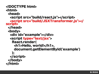 <!DOCTYPE html>
<html>
<head>
<script src="build/react.js"></script>
<script src="build/JSXTransformer.js"></
script>
</head>
<body>
<div id="example"></div>
<script type="text/jsx">
React.render(
<h1>Hello, world!</h1>,
document.getElementById('example')
);
</script>
</body>
</html>
 