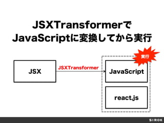 JSXTransformerで
JavaScriptに変換してから実行
JSX JavaScript
react.js
JSXTransformer
実行
 