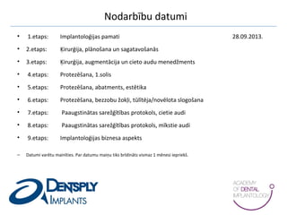 Nodarbību datumi
• 1.etaps: Implantoloģijas pamati 28.09.2013.
• 2.etaps: Ķirurģija, plānošana un sagatavošanās
• 3.etaps: Ķirurģija, augmentācija un cieto audu menedžments
• 4.etaps: Protezēšana, 1.solis
• 5.etaps: Protezēšana, abatments, estētika
• 6.etaps: Protezēšana, bezzobu žokļi, tūlītēja/novēlota slogošana
• 7.etaps: Paaugstinātas sarežģītības protokols, cietie audi
• 8.etaps: Paaugstinātas sarežģītības protokols, mīkstie audi
• 9.etaps: Implantoloģijas biznesa aspekts
– Datumi varētu mainīties. Par datumu maiņu tiks brīdināts vismaz 1 mēnesi iepriekš.
 