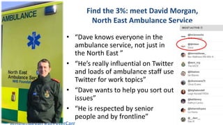 Find the 3%: meet David Morgan,
North East Ambulance Service
• “Dave knows everyone in the
ambulance service, not just in
the North East ”
• “He’s really influential on Twitter
and loads of ambulance staff use
Twitter for work topics”
• “Dave wants to help you sort out
issues”
• “He is respected by senior
people and by frontline”
 