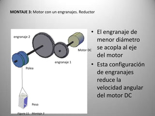 MONTAJE 3: Motor con un engranajes. Reductor



                                                • El engranaje de
 engranaje 2
                                                  menor diámetro
                                        Motor DC
                                                  se acopla al eje
                                                  del motor
         Polea
                          engranaje 1
                                                • Esta configuración
                                                  de engranajes
                                                  reduce la
                                                  velocidad angular
                                                  del motor DC
               Peso

   Figura 11. Montaje 3
 
