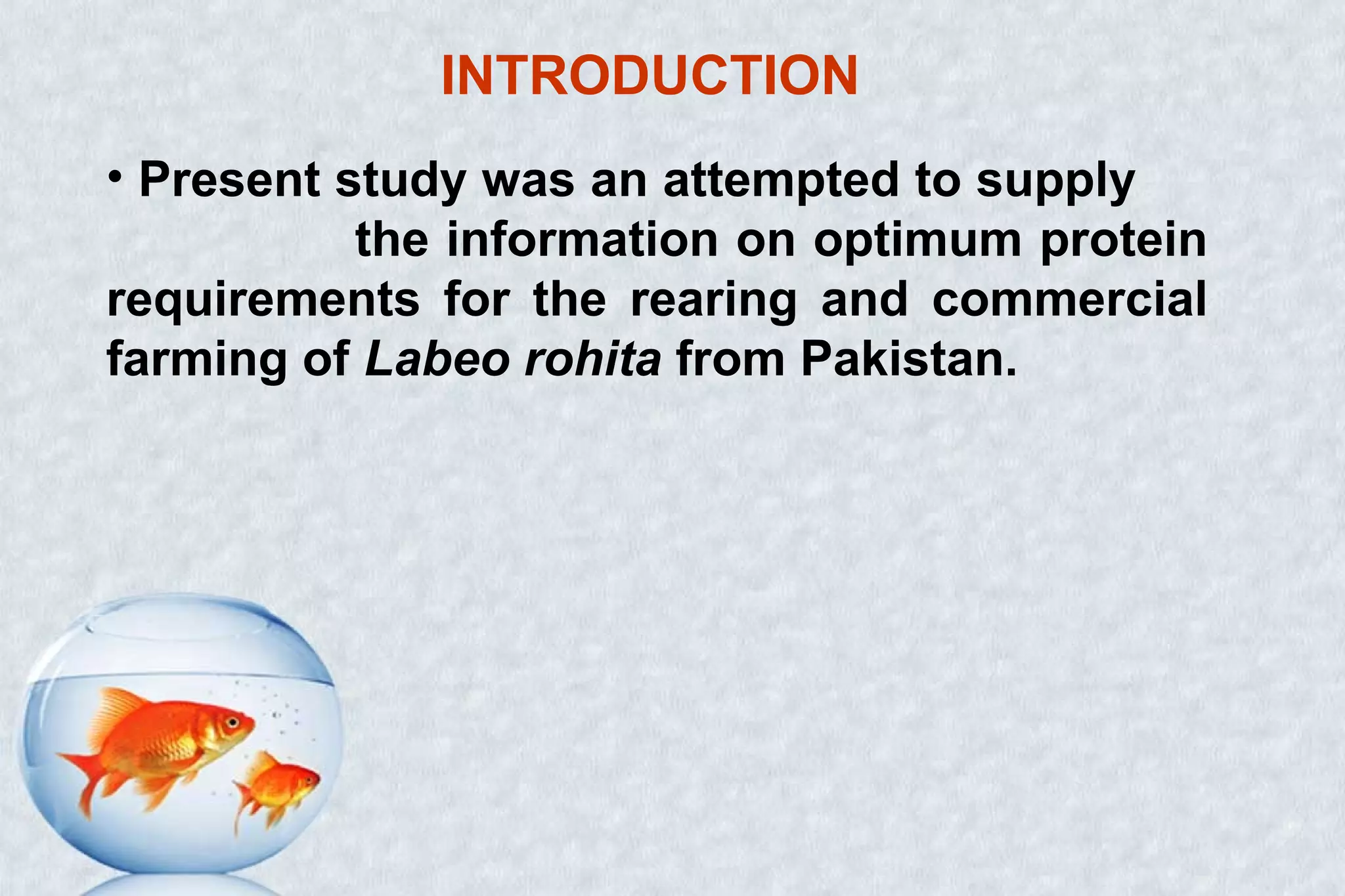 INTRODUCTION
• Present study was an attempted to supply
the information on optimum protein
requirements for the rearing and commercial
farming of Labeo rohita from Pakistan.
 