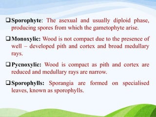 Sporophyte: The asexual and usually diploid phase,
producing spores from which the gametophyte arise.
Monoxylic: Wood is not compact due to the presence of
well – developed pith and cortex and broad medullary
rays.
Pycnoxylic: Wood is compact as pith and cortex are
reduced and medullary rays are narrow.
Sporophylls: Sporangia are formed on specialised
leaves, known as sporophylls.
 