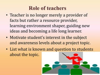 • Teacher is no longer merely a provider of
facts but rather a resource provider,
learning environment shaper, guiding new
ideas and becoming a life long learner.
• Motivate student’s interest in the subject
and awareness levels about a project topic.
• List what is known and question to students
about the topic.
 