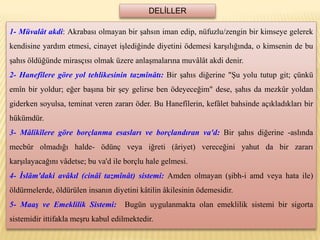 DELİLLER

1- Müvalât akdi: Akrabası olmayan bir Ģahsın iman edip, nüfuzlu/zengin bir kimseye gelerek
kendisine yardım etmesi, cinayet iĢlediğinde diyetini ödemesi karĢılığında, o kimsenin de bu
Ģahıs öldüğünde mirasçısı olmak üzere anlaĢmalarına muvâlât akdi denir.
2- Hanefîlere göre yol tehlikesinin tazmînâtı: Bir Ģahıs diğerine "ġu yolu tutup git; çünkü
emîn bir yoldur; eğer baĢına bir Ģey gelirse ben ödeyeceğim" dese, Ģahıs da mezkûr yoldan
giderken soyulsa, teminat veren zararı öder. Bu Hanefîlerin, kefâlet bahsinde açıkladıkları bir
hükümdür.
3- Mâlikîlere göre borçlanma esasları ve borçlandıran va'd: Bir Ģahıs diğerine -aslında
mecbûr olmadığı halde- ödünç veya iğreti (âriyet) vereceğini yahut da bir zararı
karĢılayacağını vâdetse; bu va'd ile borçlu hale gelmesi.
4- Ġslâm'daki avâkıl (cinâî tazmînât) sistemi: Amden olmayan (Ģibh-i amd veya hata ile)
öldürmelerde, öldürülen insanın diyetini kâtilin âkilesinin ödemesidir.
5- MaaĢ ve Emeklilik Sistemi:       Bugün uygulanmakta olan emeklilik sistemi bir sigorta
sistemidir ittifakla meĢru kabul edilmektedir.
 