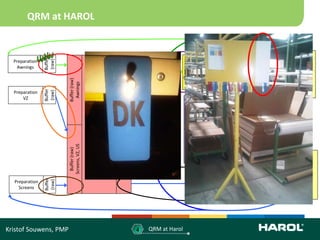 QRM at HAROL

                                                                                                                                                                                                      S

                                                                                                                                                                                                             Orders




                                                                                                              Buffer (Lacquer)
                Buffer


  Preparation
                (raw)

                                                                                                                                                                                                            Awnings




                                                                                                                  Awnings
    Awnings                                                                                                                                                                                                  - RAL
                                                                                                                                       Assembly Line
                                                                                                                                                                                                             - STD
                                                                                                                                         Awnings




                                                      Buffer (Lacquer)
                                                                                                                                                                                                             - RAL
                         Buffer (raw)
                          Awnings




                                                          Awnings
                                                                                                                                                                                                             - STD
                                                                                                                                                                                                             - STD
                Buffer




  Preparation
                (raw)




                                                                                                                                                                                                             - RAL
      VZ                                                                        8h 9h 10h 11h ….




                                                                                                                                         Buffer Textile Buffer Textile
                                                                                                   Standard
                                                                         Rush




                                                                                                                                                         (Awnings)
                                                                                                                                                                                                             R
                                                                                                                             Textile
                                                                                                                             Dralon
                                           PAINTING
                                                                                  Warehouse                                                                                                 Textile MTS
                                                                                   Standard




                                                                                                                                        (Screens,VZ,US)
                                                                                                                           Textile
                                                      Buffer (Lacquer)
                         Screens, VZ, US




                                                                                8h 9h 10h 11h ….
                                                       Screens,VZ,US



                                                                                                                           Kunstof




                                                                                                   Standard
                          Buffer (raw)




                                                                         Rush



                                                                                                                                                                                                             Orders
                                                                                                                                                                                                            Screens,
                                                                                                                                                                                                            VZ,US




                                                                                                                                                                         Buffer (Lacquer)
                                                                                                                                                                         Screens/VZ/US
                                                                                                                                                                                                              - RAL
                                                                                                                                                                                            Assembly Line     - STD
                Buffer




  Preparation
                (raw)




                                                                                                                                                                                            Screens/VZ/US     - RAL
    Screens                                                                                                                                                                                                   - RAL
                                                                                                                                                                                                              - STD




Kristof Souwens, PMP                                                      4         QRM at Harol
 