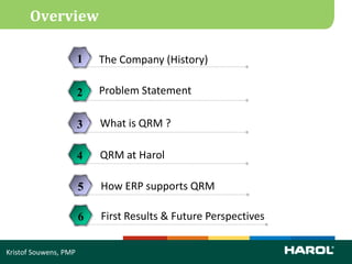 Overview

                       1   The Company (History)

                       2   Problem Statement

                       3   What is QRM ?

                       4   QRM at Harol

                       5   How ERP supports QRM

                       6   First Results & Future Perspectives

Kristof Souwens, PMP
 