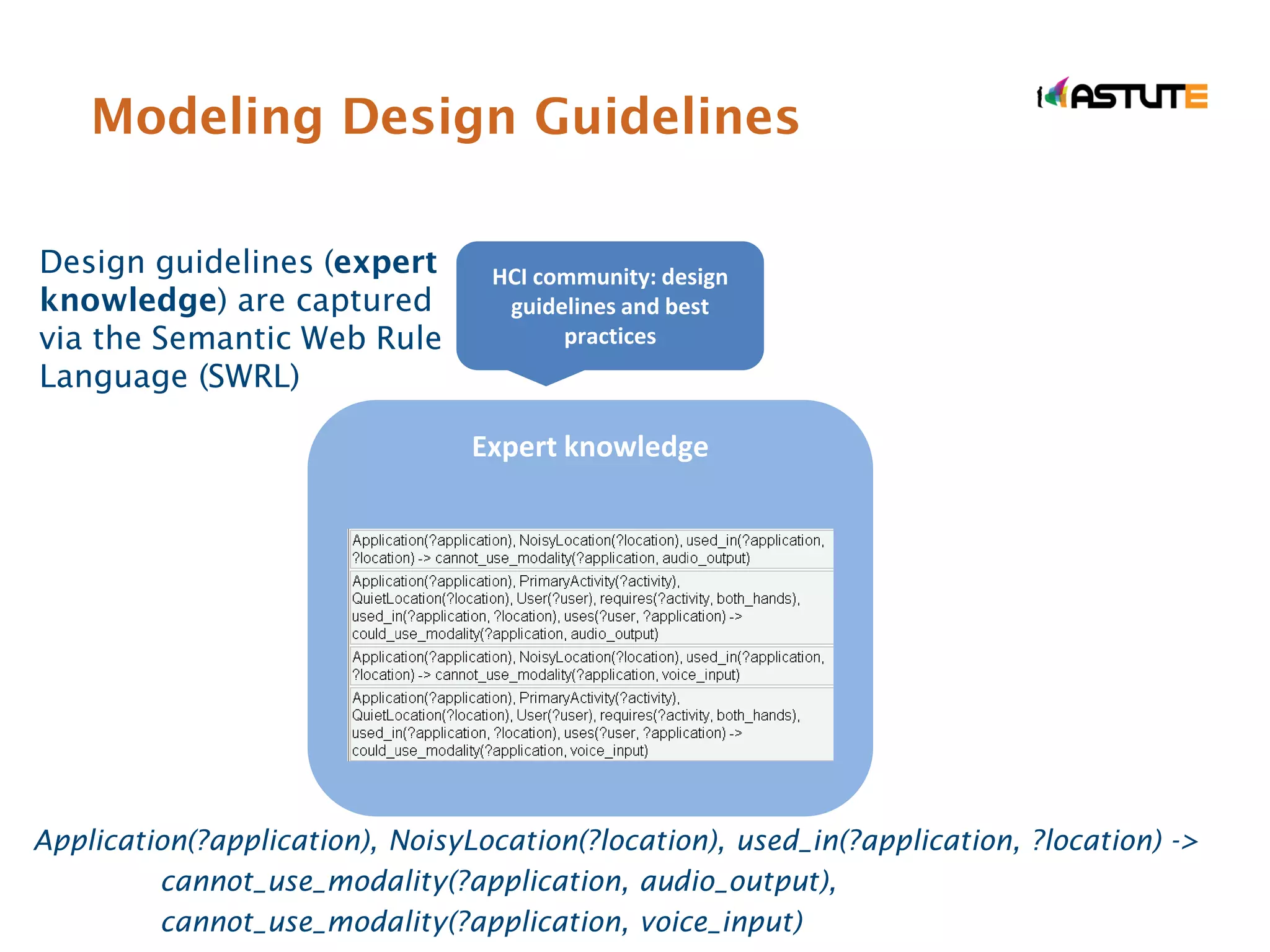 Modeling Design Guidelines

Design guidelines (expert         HCI community: design
knowledge) are captured            guidelines and best
via the Semantic Web Rule               practices
Language (SWRL)

                                 Expert knowledge




Application(?application), NoisyLocation(?location), used_in(?application, ?location) ->
         cannot_use_modality(?application, audio_output),
         cannot_use_modality(?application, voice_input)
 