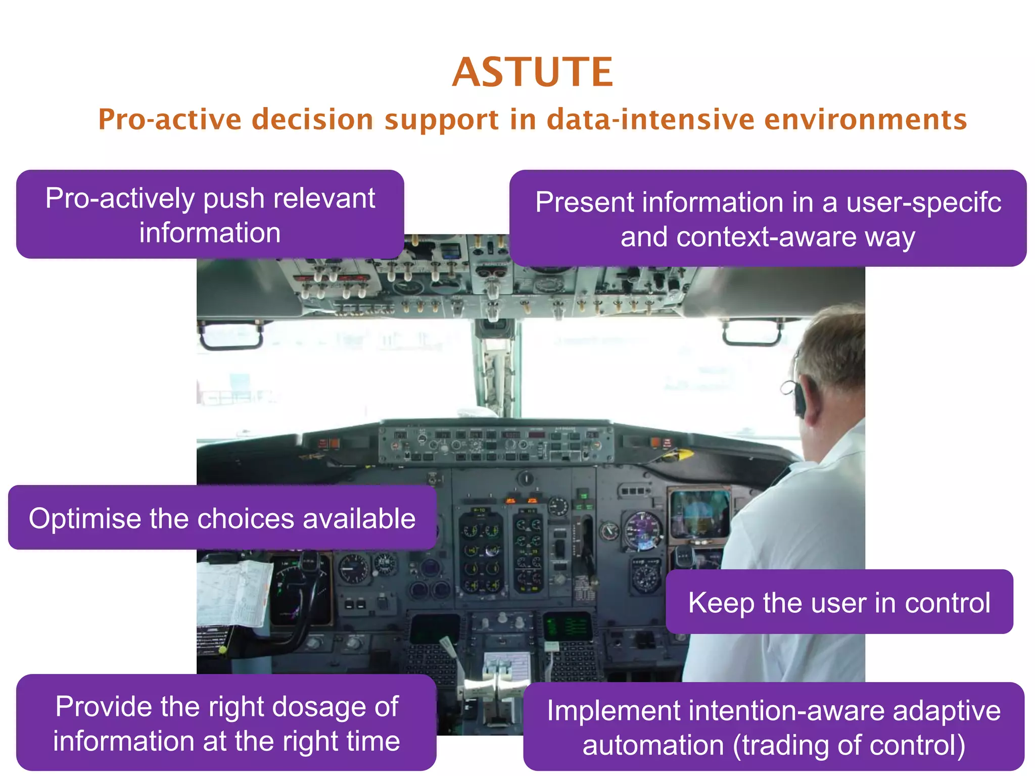 ASTUTE
     Pro-active decision support in data-intensive environments

 Pro-actively push relevant         Present information in a user-specifc
        information                       and context-aware way




Optimise the choices available

                                                Keep the user in control


 Provide the right dosage of        Implement intention-aware adaptive
 information at the right time        automation (trading of control)
 