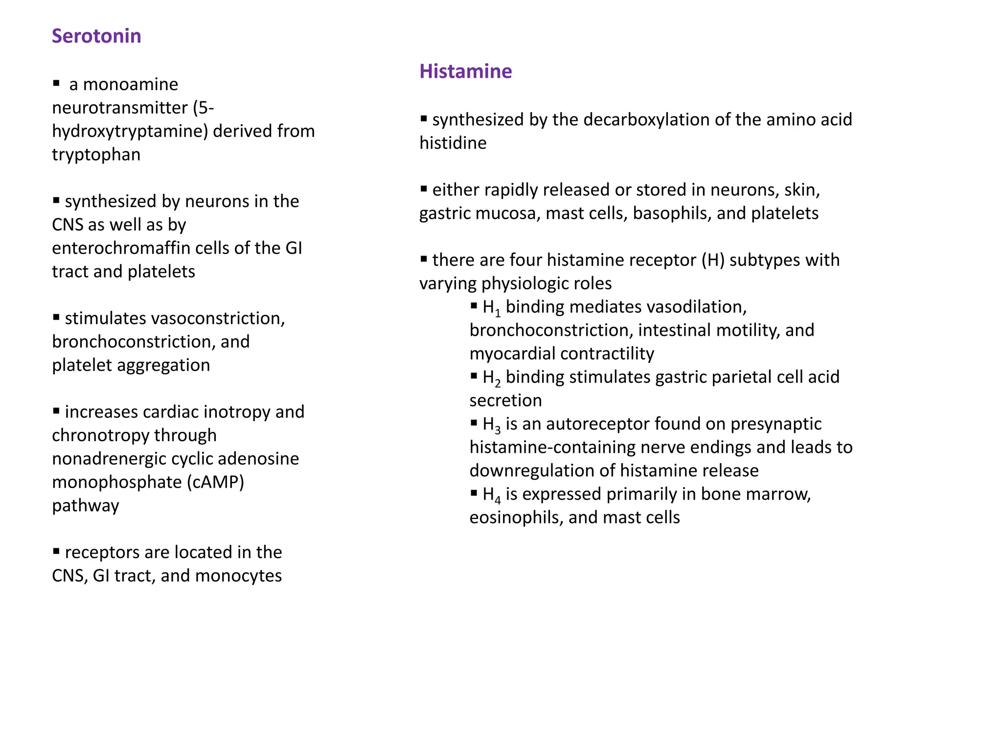 Serotonin
                                   Histamine
 a monoamine
neurotransmitter (5-
                                    synthesized by the decarboxylation of the amino acid
hydroxytryptamine) derived from
                                   histidine
tryptophan
                                    either rapidly released or stored in neurons, skin,
 synthesized by neurons in the
                                   gastric mucosa, mast cells, basophils, and platelets
CNS as well as by
enterochromaffin cells of the GI
                                    there are four histamine receptor (H) subtypes with
tract and platelets
                                   varying physiologic roles
                                          H1 binding mediates vasodilation,
 stimulates vasoconstriction,
                                         bronchoconstriction, intestinal motility, and
bronchoconstriction, and
                                         myocardial contractility
platelet aggregation
                                          H2 binding stimulates gastric parietal cell acid
                                         secretion
 increases cardiac inotropy and
                                          H3 is an autoreceptor found on presynaptic
chronotropy through
                                         histamine-containing nerve endings and leads to
nonadrenergic cyclic adenosine
                                         downregulation of histamine release
monophosphate (cAMP)
                                          H4 is expressed primarily in bone marrow,
pathway
                                         eosinophils, and mast cells
 receptors are located in the
CNS, GI tract, and monocytes
 