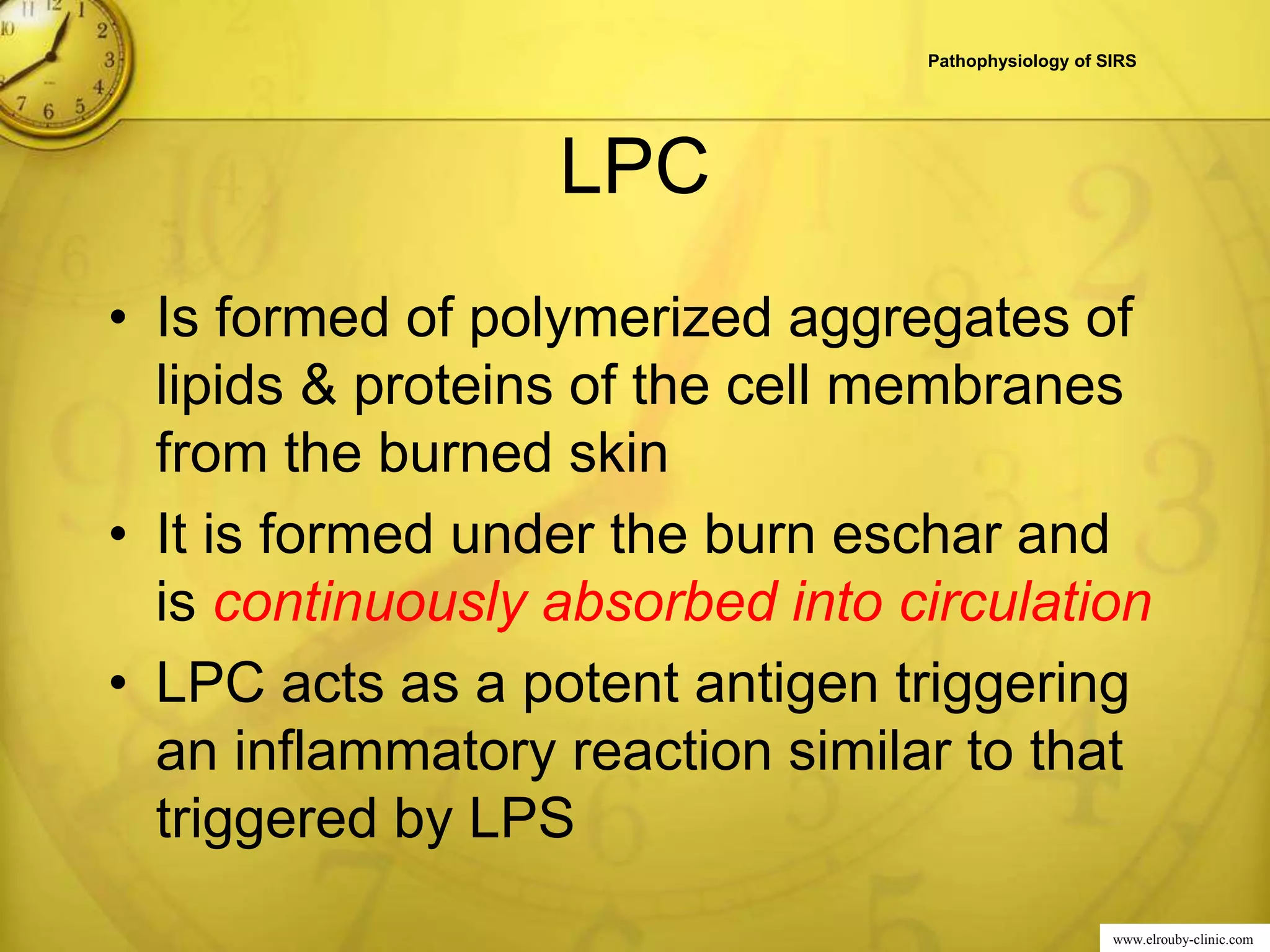 www.elrouby-clinic.com
LPC
• Is formed of polymerized aggregates of
lipids & proteins of the cell membranes
from the burned skin
• It is formed under the burn eschar and
is continuously absorbed into circulation
• LPC acts as a potent antigen triggering
an inflammatory reaction similar to that
triggered by LPS
Pathophysiology of SIRS
 