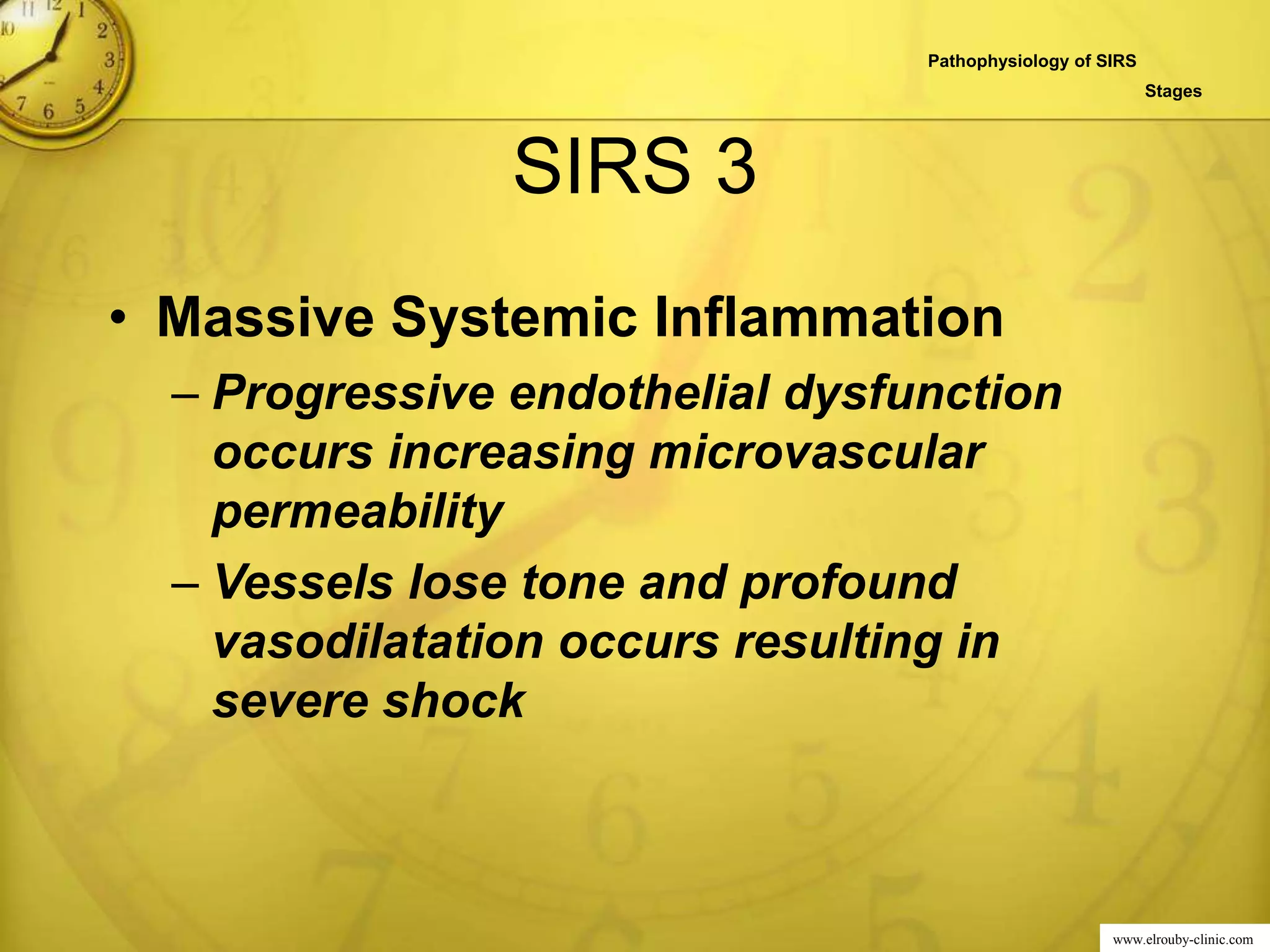 www.elrouby-clinic.com
SIRS 3
• Massive Systemic Inflammation
– Progressive endothelial dysfunction
occurs increasing microvascular
permeability
– Vessels lose tone and profound
vasodilatation occurs resulting in
severe shock
Pathophysiology of SIRS
Stages
 