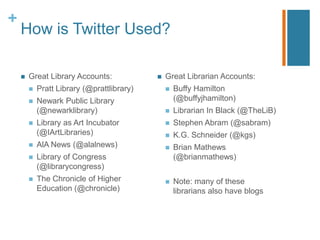 +
    How is Twitter Used?

       Great Library Accounts:                Great Librarian Accounts:
           Pratt Library (@prattlibrary)          Buffy Hamilton
           Newark Public Library                   (@buffyjhamilton)
            (@newarklibrary)                       Librarian In Black (@TheLiB)
           Library as Art Incubator               Stephen Abram (@sabram)
            (@IArtLibraries)                       K.G. Schneider (@kgs)
           AlA News (@alalnews)                   Brian Mathews
           Library of Congress                     (@brianmathews)
            (@librarycongress)
           The Chronicle of Higher                Note: many of these
            Education (@chronicle)                  librarians also have blogs
 