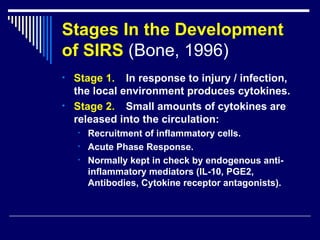 Stages In the Development of SIRS  (Bone, 1996) Stage 1. In response to injury / infection, the local environment produces cytokines. Stage 2. Small amounts of cytokines are released into the circulation: Recruitment of inflammatory cells. Acute Phase Response. Normally kept in check by endogenous anti-inflammatory mediators (IL-10, PGE2, Antibodies, Cytokine receptor antagonists). 