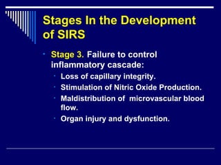 Stages In the Development of SIRS Stage 3. Failure to control inflammatory cascade: Loss of capillary integrity. Stimulation of Nitric Oxide Production. Maldistribution of  microvascular blood flow. Organ injury and dysfunction. 
