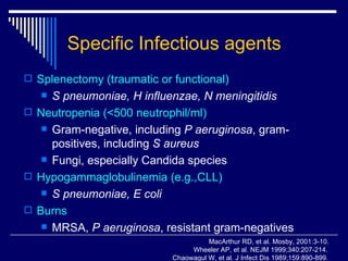 Specific Infectious agents Splenectomy   (traumatic or functional) S pneumoniae, H influenzae, N meningitidis Neutropenia (<500 neutrophil/ml) Gram-negative, including  P aeruginosa , gram-positives, including  S aureus Fungi, especially Candida species Hypogammaglobulinemia (e.g.,CLL) S pneumoniae, E coli Burns MRSA,  P aeruginosa , resistant gram-negatives MacArthur RD, et al. Mosby, 2001:3-10. Wheeler AP, et al. NEJM 1999;340:207-214. Chaowagul W, et al. J Infect Dis 1989;159:890-899. 