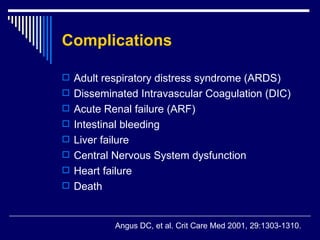 Complications   Adult respiratory distress syndrome ( ARDS ) Disseminated Intravascular Coagulation  ( DIC ) Acute Renal failure ( ARF ) Intestinal bleeding  Liver failure  Central Nervous System dysfunction Heart failure  Death Angus DC, et al .  Crit Care Med 2001, 29:1303-1310. 