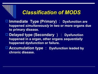 Classification of MODS Immediate  Type (Primary) ： Dysfunction are happened  simultaneously  in two or more organs due to primary disease.  Delayed type (Secondary ）： Dysfunction happened in a organ, other organs  sequentially  happened dysfunction or failure. Accumulation type ： Dysfunction leaded by chronic disease. 
