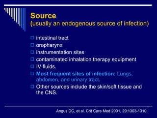 Source   ( usually an endogenous source of infection ) intestinal tract  oropharynx  instrumentation sites  contaminated inhalation therapy equipment  IV fluids.  Most frequent sites of infection :  Lungs, abdomen, and urinary tract.  Other sources include the skin/soft tissue and the CNS.  Angus DC, et al .  Crit Care Med 2001, 29:1303-1310. 