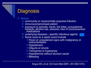 Diagnosis History   community or nosocomially acquired  infection immunocompromised  patient   exposure to animals, travel, tick bites, occupational hazards, alcohol use, seizures, loss of consciousness, medications underlying diseases  ;  specific infectious agents  Some clues to a septic event include  Fever or unexplained signs with malignancy or instrumentation  Hypotension  Oliguria or anuria  Tachypnea or hyperpnea  Hypothermia without obvious cause  Bleeding  Angus DC, et al .  Crit Care Med 2001, 29:1303-1310. 