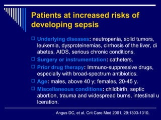 Patients at increased risks of
developing sepsis
 Underlying diseases: neutropenia, solid tumors,
    leukemia, dysproteinemias, cirrhosis of the liver, di
    abetes, AIDS, serious chronic conditions.
   Surgery or instrumentation: catheters.
   Prior drug therapy: Immuno-suppressive drugs,
    especially with broad-spectrum antibiotics.
   Age: males, above 40 y; females, 20-45 y.
   Miscellaneous conditions: childbirth, septic
    abortion, trauma and widespread burns, intestinal u
    lceration.
            Angus DC, et al. Crit Care Med 2001, 29:1303-1310.
 