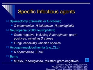 Specific Infectious agents
 Splenectomy (traumatic or functional)
    S pneumoniae, H influenzae, N meningitidis
 Neutropenia (<500 neutrophil/ml)
    Gram-negative, including P aeruginosa, gram-
     positives, including S aureus
    Fungi, especially Candida species

 Hypogammaglobulinemia (e.g.,CLL)
    S pneumoniae, E coli

 Burns
    MRSA, P aeruginosa, resistant gram-negatives
                                      MacArthur RD, et al. Mosby, 2001:3-10.
                                 Wheeler AP, et al. NEJM 1999;340:207-214.
                            Chaowagul W, et al. J Infect Dis 1989;159:890-899.
 