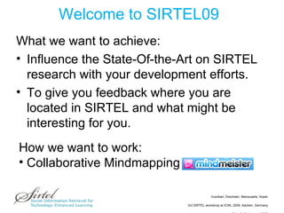 Welcome to SIRTEL09 What we want to achieve: Influence the State-Of-the-Art on SIRTEL research with your development efforts.  To give you feedback where you are located in SIRTEL and what might be interesting for you. How we want to work: Collaborative Mindmapping 