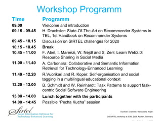Workshop Programm Time Programm 09.00 Welcome and introduction 09.15 - 09.45 H. Drachsler: State-Of-The-Art on Recommender Systems in TEL, 1st Handbook on Recommender Systems  09.45 - 10.15  Discussion on SIRTEL challenges for 2020 10.15 - 10.45  Break 10.45 - 11.00  F. Abel, I. Marenzi, W. Nejdl and S. Zerr : Learn Web2.0: Resource Sharing in Social Media 11.00 - 11.40  A. Carbonara: Collaborative and Semantic Information Retrieval for Technology-Enhanced Learning 11.40 - 12.20  R.Vuorikari and R. Koper: Self-organisation and social tagging in a multilingual educational context 12.20 - 13.00  B. Schmidt and W. Reinhardt: Task Patterns to support task-centric Social Software Engineering 13.00 - 14.00 Lunch together with the participants 14.00 - 14:45 Possible “Pecha Kucha” session 