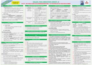 SALES TAX MASTER SHEET-2
BY STT - SIR TARIQ TUNIO CSS (COMMISSIONER FBR) + CA TEACHER (CAF-02 TAX) 0332-2130867
POINT 3: APPORTIONMENT OF RESIDUAL IPT
ALLOCATION (Exclusive link with 1 particular supply):
§ IPT related to purchases exclusively used/to be used in making
taxable supply is deducted from OPT
§ IPT related to purchases exclusively used/to be used in making
zero-rated supply is refunded
§ IPT related to purchases exclusively used/to be used in making
exempt supply is disallowed (which means IPT is neither
deducted from OPT nor refunded.) It gets added in registered
person’s cost.)
APPORTIONMENT (Common link with > 1 type of supply):
§ IPT not exclusively related to any one supply i.e. taxable, zero-
rated or exempt supply is called residual IPT.
§ Since it is common to more than 1 type of supply, residual IPT
is apportioned among all types of supplies in which it is used.
§ Apportionment is done on the basis of gross sales values.
§ Apportionment Formula:
- Residual IPT x Taxable Supply/Total Supplies
- Residual IPT x Zero-rated Supply/Total Supplies
- Residual IPT x Exempt Supply/Total Supplies
POINT 2: TYPES OF SUPPLY
§ There are 2 types of supply:
(1) Taxable Supply
Taxable Supply is further sub-divided into 2 types
(i) Normal Taxable Supply
(ii) Zero-rated Supply
(2) Exempt Supply
3 Key Points to Remember:
1) IPT related to purchases used/to be used in making
taxable supply is deducted from OPT
2) IPT related to purchases used/to be used in making zero-
rated supply is refunded
3) IPT related to purchases used/to be used in making
exempt supply is disallowed (Disallowed IPT is neither
deducted from OPT nor refunded. It gets added in
registered person’s cost.)
POINT 1: REGISTERED PERSON
§ Registered person (Def):
- Registered person means a person who is registered
under STA-90 or who is liable to be registered.
- Person liable to be registered but not registered shall
not be entitled to benefits available to RP.
§ A person can claim IPT only when he/she is registered
under STA-90.
§ Effects of Registration:
Registered Person Unreg’d Person
Purchases from IPT Allowed IPT Not Allowed
Supplies to ST charged at 18% ST charged at 18%
plus 4% further tax
Note: Further tax is added in sales tax liability
POINT 4: DOCUMENTS REQUIRED TO CLAIM IPT
§ RP shall not be entitled to deduct IPT from OPT unless
In Case of Documents
Claim of IPT in
respect of
Taxable Supply
§ He holds tax invoice in his name &
bearing his registration number in-
res-of such supply
§ Electricity or gas – bill bearing his
registration no. & address where
connection is installed.
§ Supplier has declared supply in his
return & has paid tax due as indicated
in his return.
Goods imported
into Pakistan
§ He holds bill of entry or goods
declaration (GD) in his name &
showing his STRN, duly cleared by
customs.
Goods purchased in
auction
§ He holds a treasury challan, in his
name & bearing his registration
number, showing payment of ST.
POINT 5: UNCLAIMED IPT
If RP did not deduct IPT within the relevant period
§ he may claim such tax in return for
§ any of the six succeeding tax periods.
POINT 6: RESTRICTION ON IPT = TO 90% OF OPT
RP is not allowed adjustment of IPT in excess of 90% of OPT
POINT 7: EXCLUSION OF FXD ASSETS FROM RESTRICTION
90%
This restriction of not allowing IPT in excess of 90% of OPT does
not apply to fixed assets or capital goods
POINT 13: TAX CREDIT NOT ALLOWED § 8
(1) G/S used/to be used for purposes o/t taxable supplies
(2) G/S notified by FG (Notification: Food, beverages, garments and
consumption on entertainment; Gift and giveaways; Electricity/gas
used in residential colonies of RP; Crockery, cutlery, utensils
(excluding directly used in taxable actability); Exception: Input tax
allowed stock-in-trade
(3) Extra tax
(4) G/S in/res/of which ST has not been deposited by supplier
(5) Purchases in/res/of which CREST has indicated discrepancy or IPT
is not verifiable in supply chain
(6) Fake invoices
(7) Failure to furnish information to Board u/§ 26(5)
(8) G/S not related to taxable supplies made by RP
(9) G/S acquired for personal or non-business consumption
(10) Goods used in, or permanently attached to, immoveable
property, such as building and construction materials paints electrical
and sanitary fittings, pipes, wires and cables (Exclusion: (1) Pre-
fabricated buildings (2) Goods acquired for sale (3) used directly in
production/ manufacture of taxable goods
(11) Vehicles or parts of vehicles/electrical and gas
appliances/furniture furnishings/office equipment (excluding
electronic cash registers) (Exclusion Goods acquired for sale)
(12) Services in/res/of which IPT adjustment is barred under
provincial sales tax law
(13) Import or purchase of agricultural machinery or equipment
(subject to ST at 7% under 8th
Schedule)
(14) G/S which have not been declared by supplier in his return &
supplier has not paid tax
(15) Input G/S attributable to supplies to unregistered distributor on
prorata basis, for which sale invoice do not bear NIC number or NTN
POINT 9: DISCOUNTS
In case of trade discounts, discounted price is taken, provided
§ tax invoice shows discounted price and related tax and
§ discount allowed is in conformity with normal business
practices
POINT 11: DR & CR NOTES
§ Dr/Cr Notes are issued when value changes after invoice issuance
§ Event 1 – Reduction in value e.g. goods return, cancellation of supply
or due to some other reason
Person Adjustment Document
Supplier Reduces OPT Issues Cr. Note
Buyer Reduces IPT Issues Dr. Note
[Dr./Cr Notes in this case are required to be issue within 180 Days,
which is extendable by another 180 on application to CIR.]
§ Event 2 – Increase in value of supply after issuance of invoice
Person Adjustment Document
Supplier Increases OPT Issues Dr. Note
Buyer Increases IPT Issues Cr. Note
POINT 8: SUPPLY (Def)
Supply means
(1) Sale
(2) Other transfer of right to dispose goods as owner
(3) Sale or transfer under hire-purchase agreement
(4) Putting to private, business or non-business use goods
produced/manufactured in the course of taxable activity for
purposes other than taxable supply
(5) Auction
(6) Disposal of goods to satisfy a debt owed by person
(7) Possession of taxable goods held immediately before a person
ceases to be a registered person
(8) In case of manufacture of goods belonging to another person,
the transfer or delivery of such goods to owner or to a person
nominated by him [Toll Manufacturing]
POINT 12: PAYMENT THROUGH BANKING CHANNEL
Payment of Amount Exceeding 50,000
§ Payment of amount >Rs. 50,000/- is required to be mode by
crossed cheque, c/bank draft, c/pay order or any other
crossed banking instrument showing transfer of amount from
business bank a/c of buyer to business bank a/c of supplier.
§ If not done, IPT shall not be allowed
§ Exception: Utilities
IPT on Credit Purchases:
§ IPT on credit purchases is allowed if supplier has paid tax
§ Payment in this case is required to be made by buyer to
supplier within 180 days.
§ If not done, IPT shall be disallowed/reversed.
POINT 14: COTTAGE INDUSTRY
Cottage Industry (Def) means a manufacturing concern,
which fulfils each of the following conditions
a) does not have industrial gas or electrical connection
b) is located in a residential area
c) does not have a total labour force of more than 10
workers, and
d) annual turnover from all supplies does not exceed
Rs. 8 million
STT Notes:
§ Cottage industry is not liable to be registered
§ Local supplies made by cottage industry are exempt
§ Cottage industry does not charge OPT.
§ No IPT is claimed on purchase from cottage industry
§ However, if taxable goods are supplied to cottage
industry, supplier charges ST as well as further tax.
POINT 10: TREATMENT OF ADVANCE
§ No treatment of advance payment. Ignore.
POINT 15: IMPORTS
Type Treatment
Importer IPT at 18%
Commercial
Importer
IPT at 18%
Plus 3% value addition tax
§ Commercial importer is one who supplies goods in the
same condition in which they were imported.
§ Sales tax paid at import stage is claimed as IPT
(including 3% value addition tax) by importer and
deducted from OPT charged on supply of those goods.
§ 3% value added tax is not refund in any case. It is only
allowed as deduction.
POINT 17: FURTHER TAX
§ While making taxable supplies to a person who has not
obtained registration number or who is not on ATL,
further tax at 4% of supplies is charged.
§ EXCLUSIONS: Further Tax is not charged in the
following cases:
(1) Electricity energy supplied to domestic & agricultural
consumers
(2) Natural gas supplied to domestic consumers & CNG
stations
(3) Motor oil, diesel oil, jet fuel, kerosene oil and fuel oil
(4) Goods sold by retailer to end consumers
(5) Supply of goods directly to end consumers including
food, beverages, fertilizers and vehicles
(6) Third Schedule goods
(7) Second hand worn clothing and other worn articles
(8) Supplies by steel-melters, re-rollers and ship breakers
(9) Supplies covered under 5th
Schedule (Zero-rated)
(10) Supplies made to government, semi-government and
statutory regulatory bodies
(11) Supply of white crystalline sugar
(12) Supply of foam or spring mattress and other foam
products for household use
(13) Supplies by steel sector and edible oil sector
POINT 16: SUSPENSION/BLACKLISTING
§ IPT not allowed on invoices issued during period
of suspension
§ IPT not allowed on invoices issued during, prior
and after blacklisting.
MASTER SHEET # 2
STT SALES TAX
FOR MARCH 2024
ATTEMPT ONLY
 